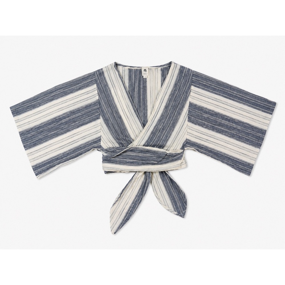 Flawless Women Blue White Striped Cotton Wrap Crop Top Kimono Sleeve Small